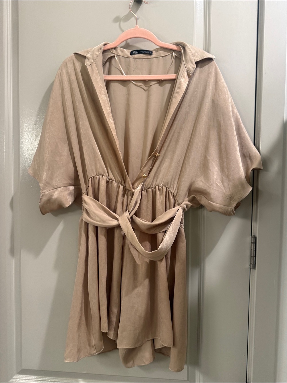 ZARA Beige Satin-Look Tie-Waist V-Neck Romper
